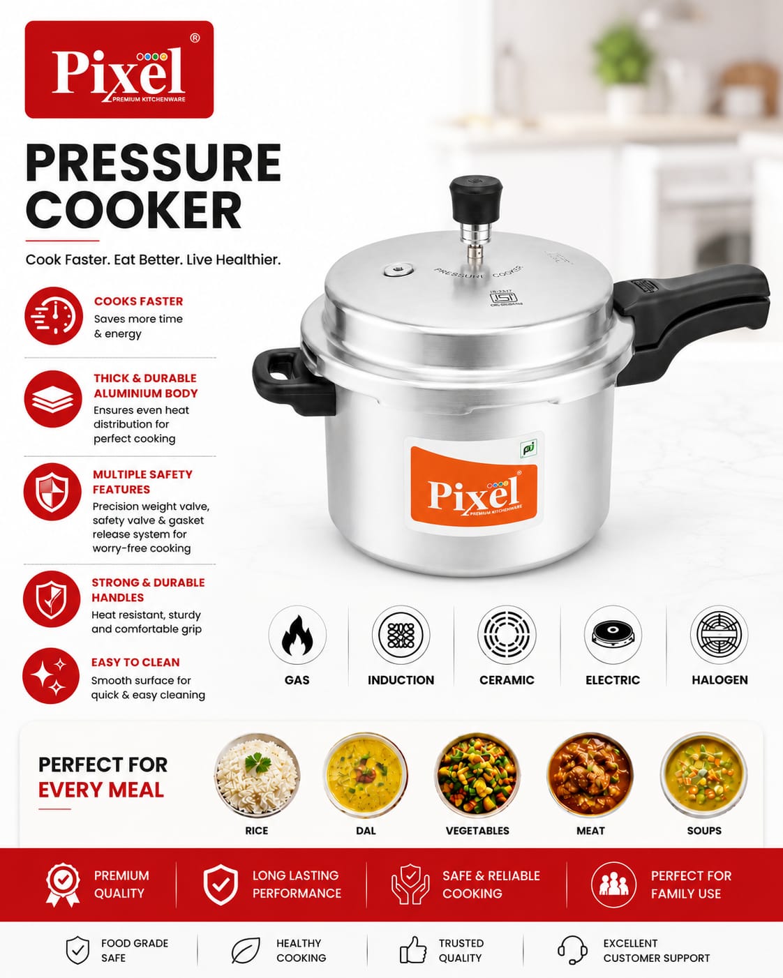 Pixel Pressure Cooker Aluminium 5 Litre Silver