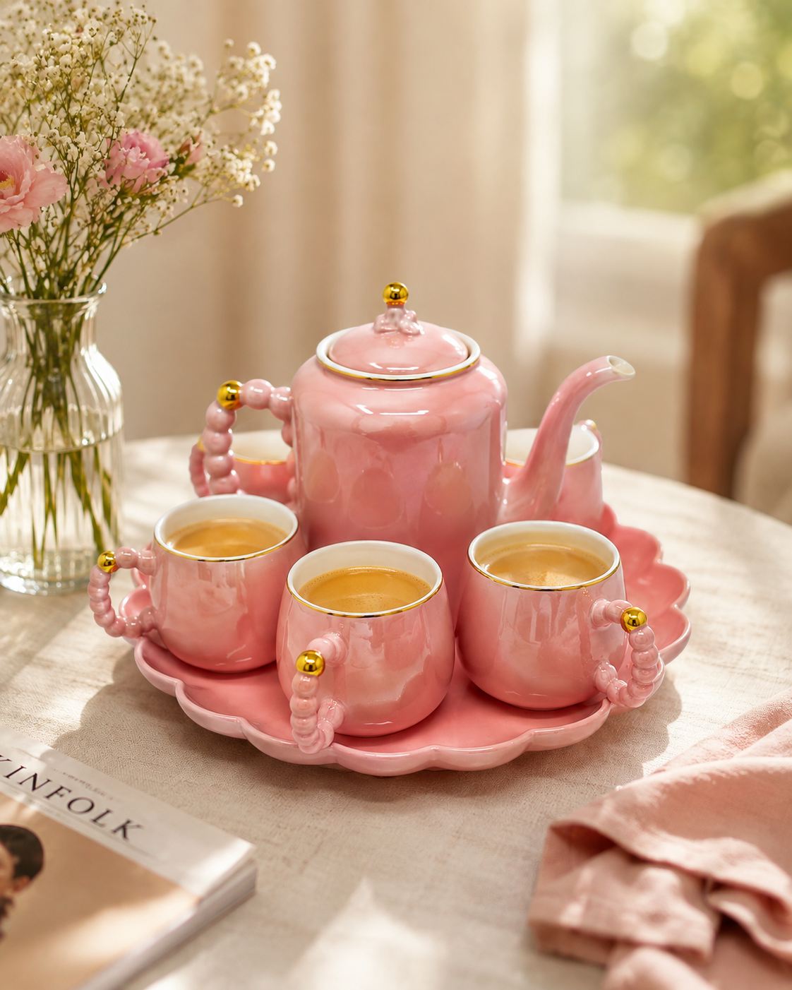 Pink tea coffee set with 6 cups