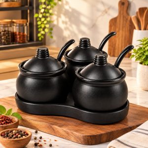 Ceramic condiment jar set black 3 piece with lids and base