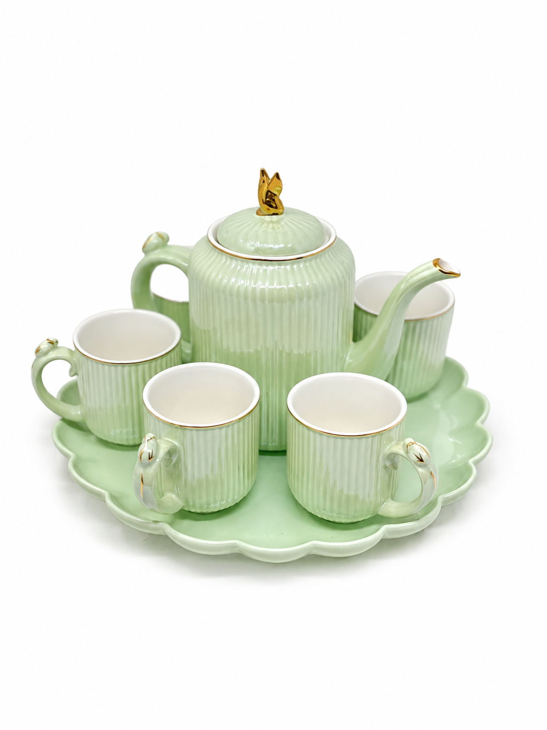 Green Ceramic Tea Set with Gold Trim and Serving Tray