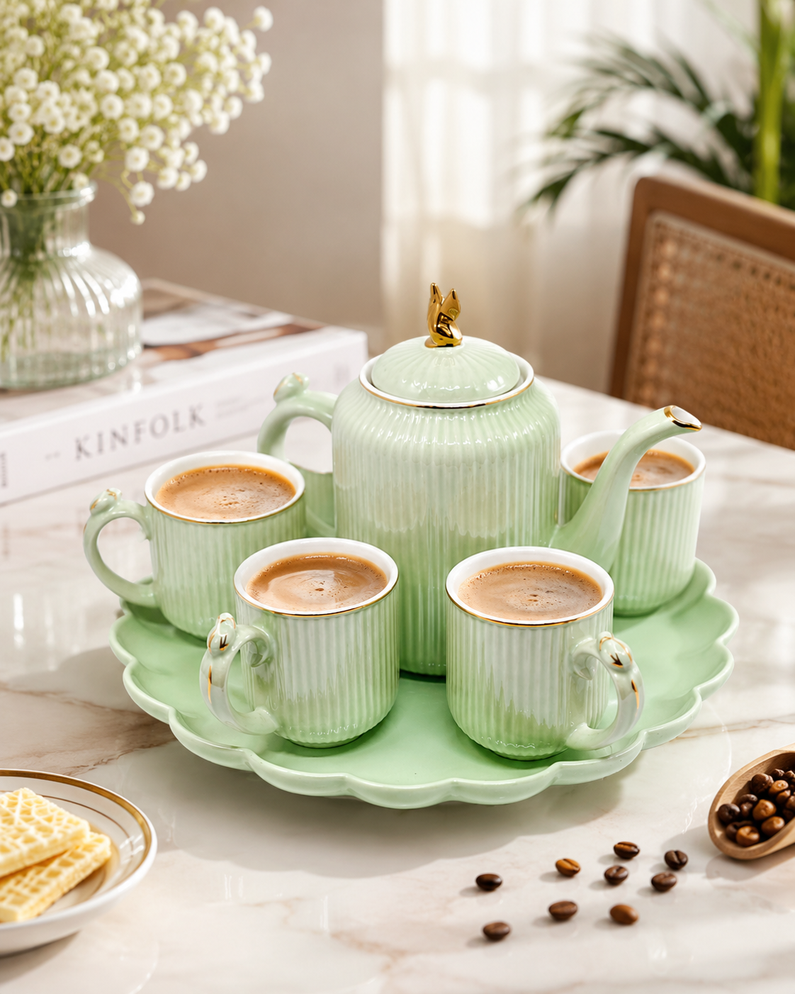 Green Ceramic Tea Set with Gold Trim and Serving Tray