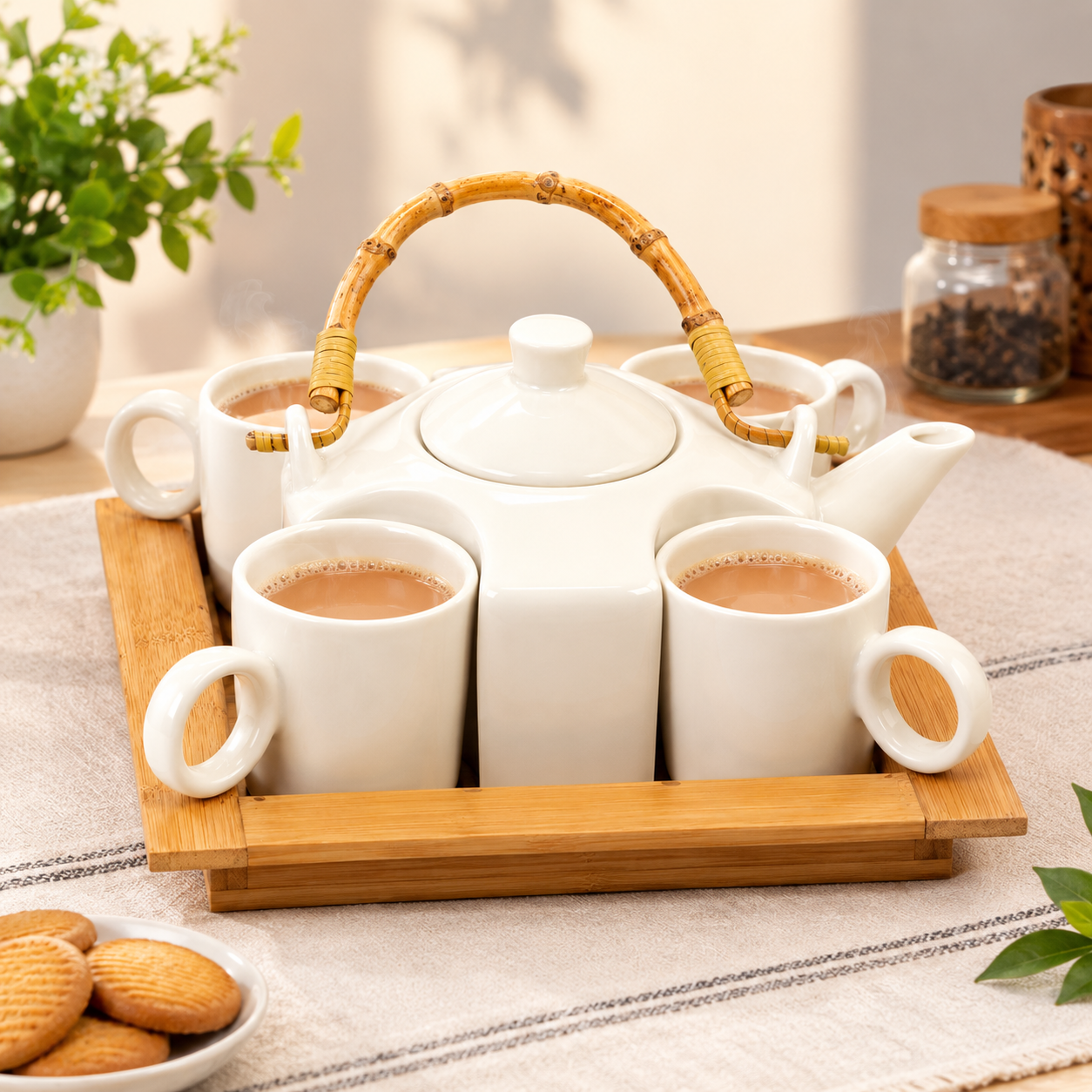 White ceramic tea set with bamboo handle and wooden tray