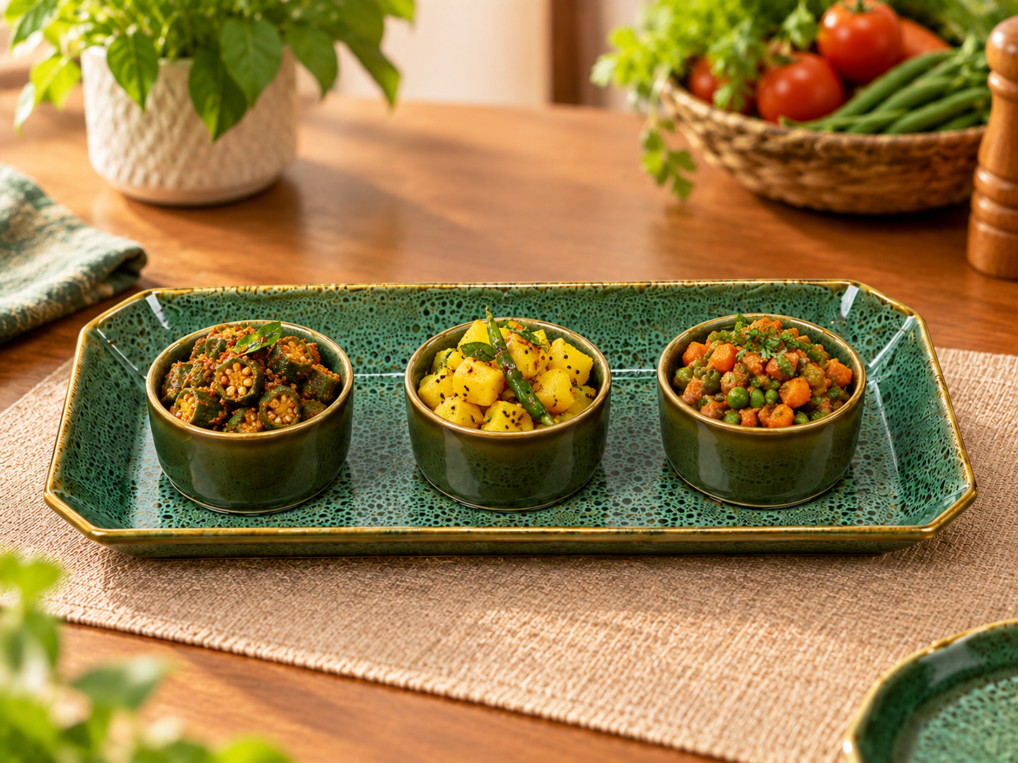 Jade Boat Ceramic Bowls & Platter with Three Matching Bowls