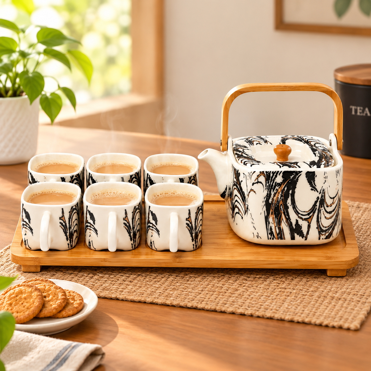 Marble Art Ceramic Tea Set with Wooden Tray and 6 Cups