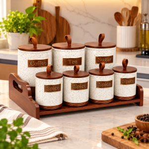 Ceramic Storage Jar Set with Wooden Stand