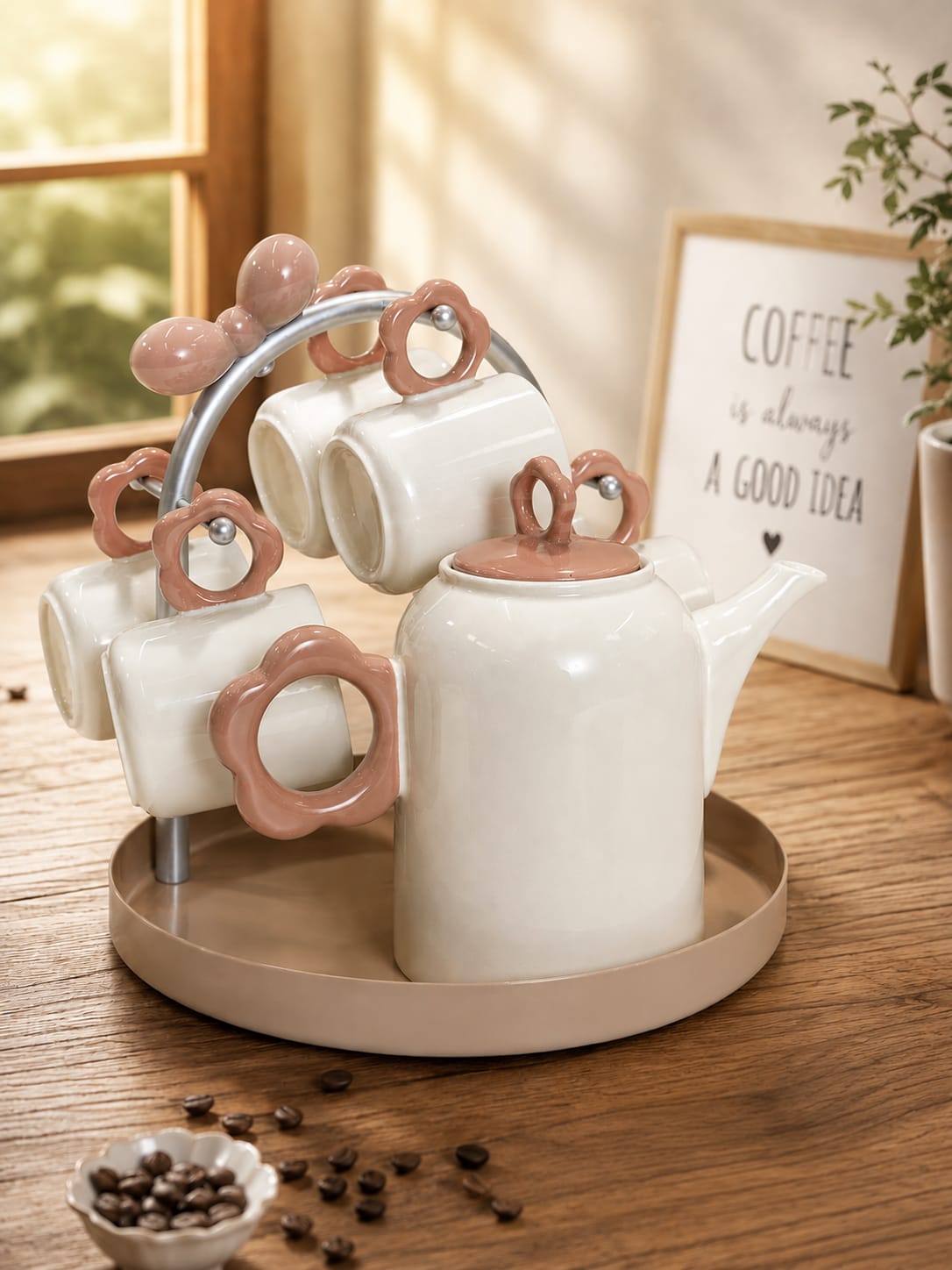 Ceramic Tea Set with Premium Rotating Serving Tray