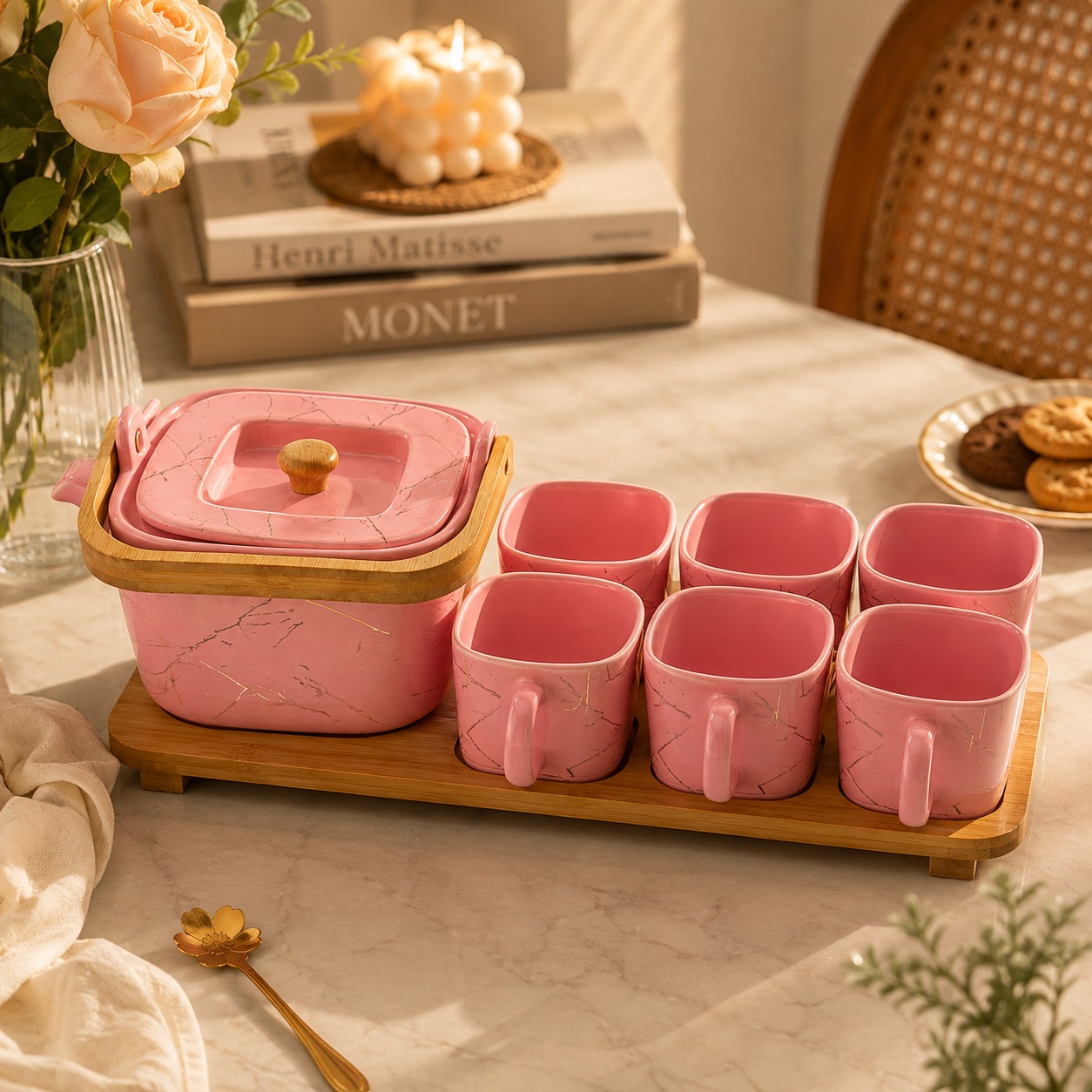 Pink Ceramic Tea Set with Wooden Serving Tray