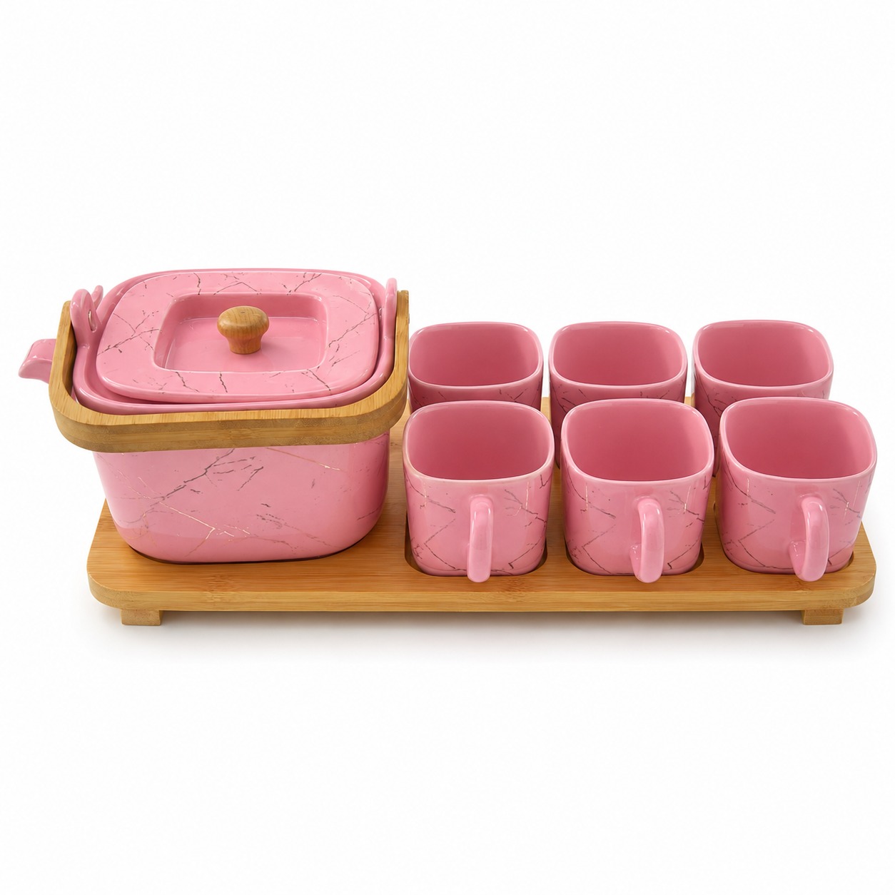 Pink Ceramic Tea Set with Wooden Serving Tray