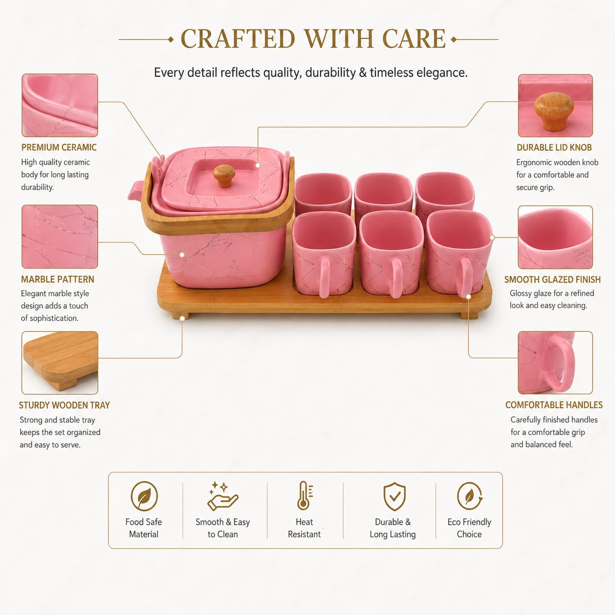Pink Ceramic Tea Set with Wooden Serving Tray