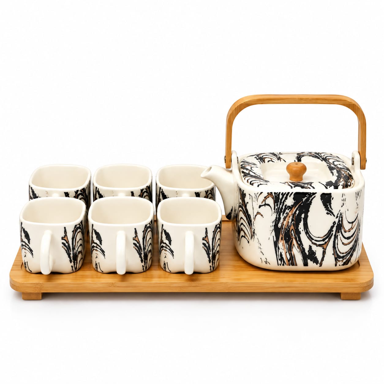 Marble Art Ceramic Tea Set with Wooden Tray and 6 Cups