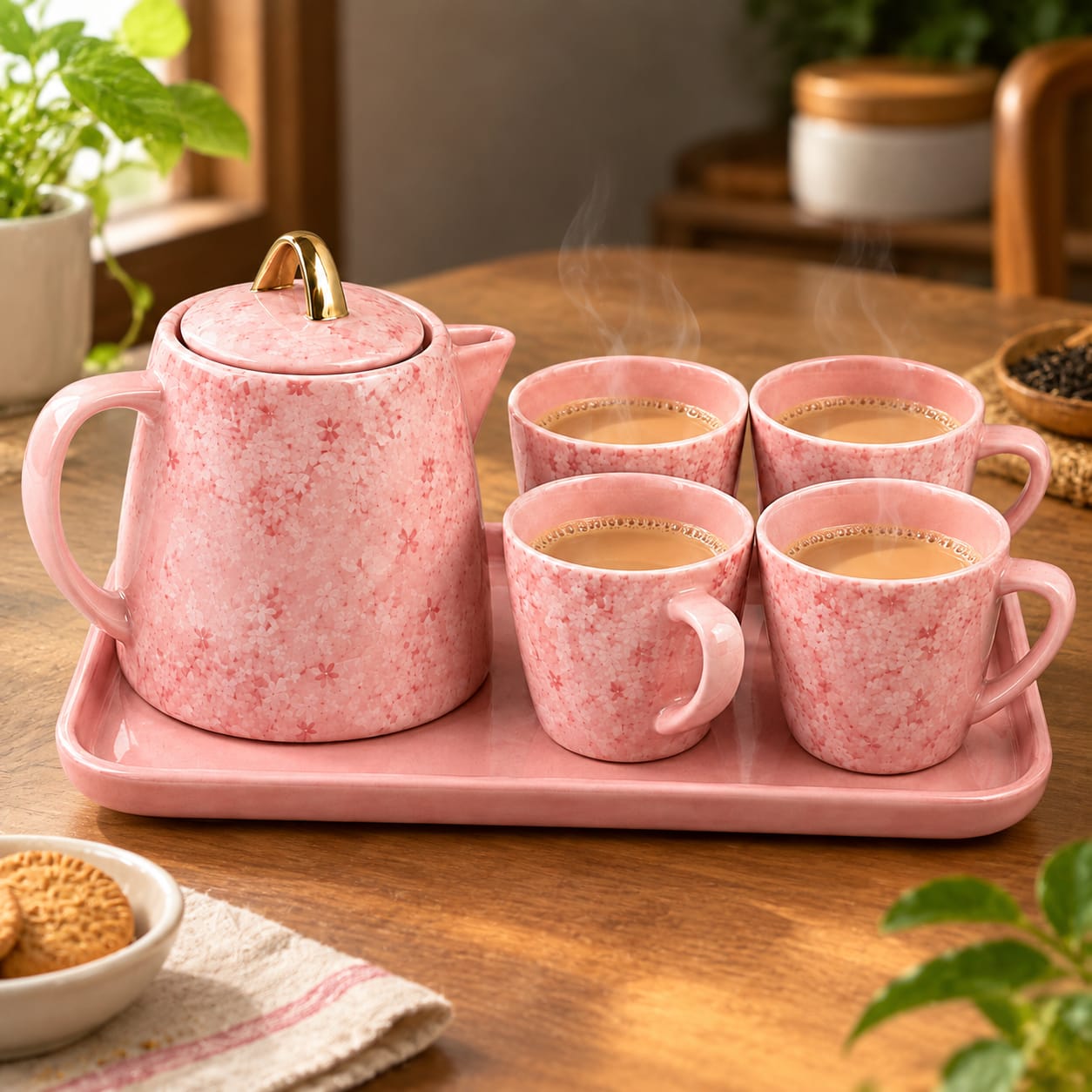 Pink Ceramic Tea Set with 4 Cups and Tray