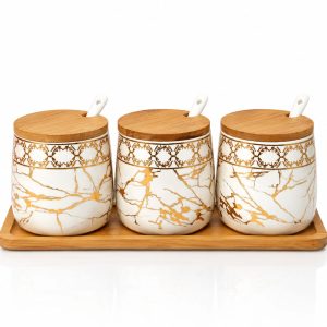 Ceramic storage jar set with wooden base and wooden lids