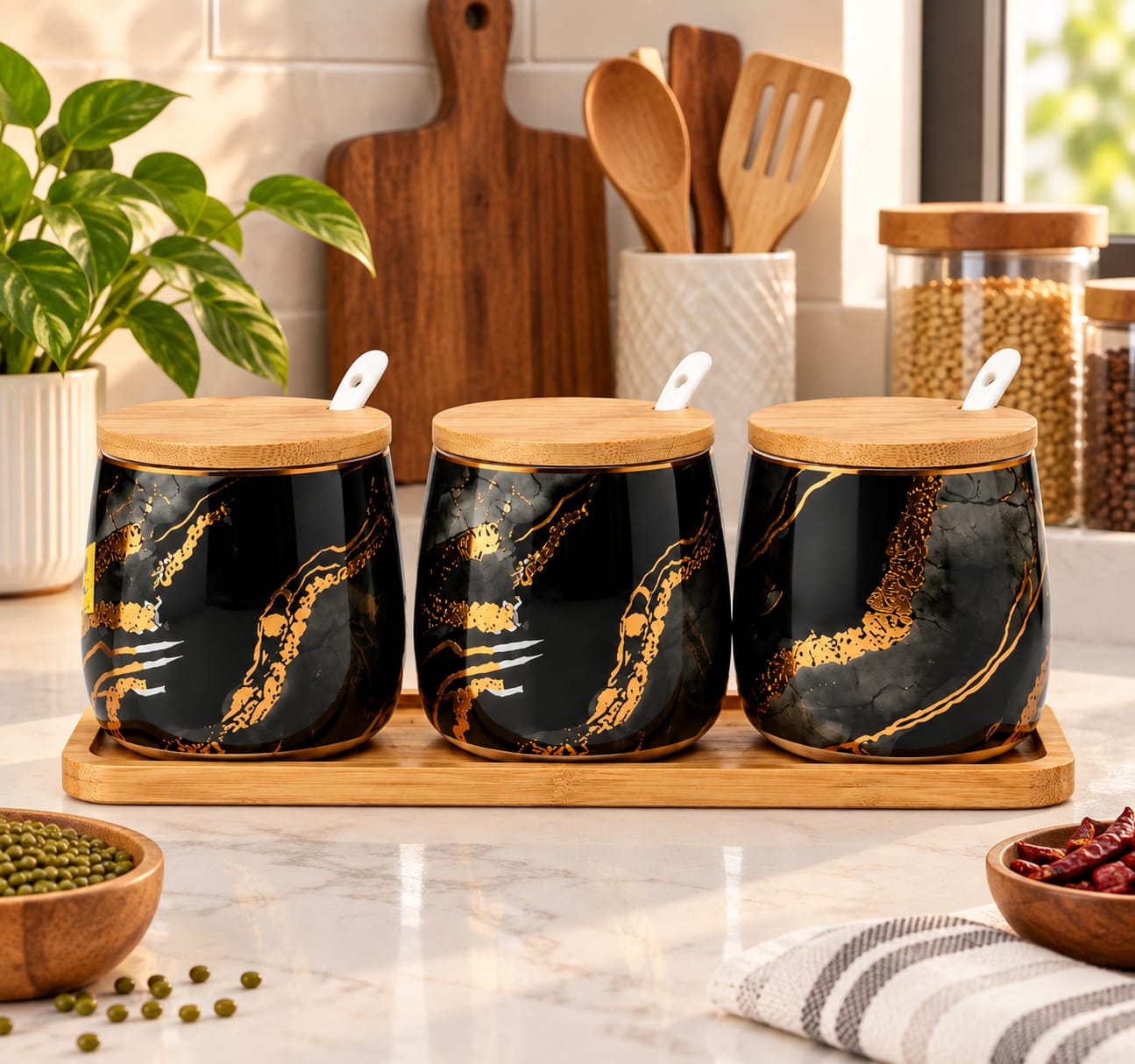 Ceramic Condiment Jar Set 3 pec with Bamboo Lid Tray