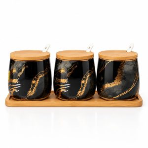 Ceramic Condiment Jar Set 3 pec with Bamboo Lid Tray