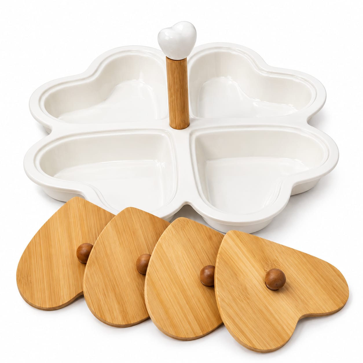 Ceramic serving set with 4 bowls and wooden lids