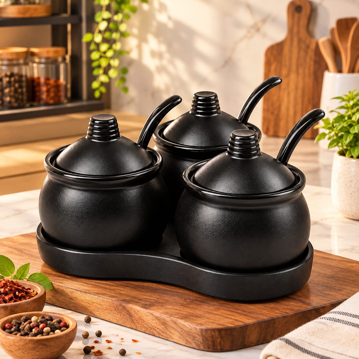 Ceramic condiment jar set black 3 piece with lids and base