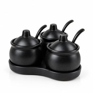 Ceramic condiment jar set black 3 piece with lids and base