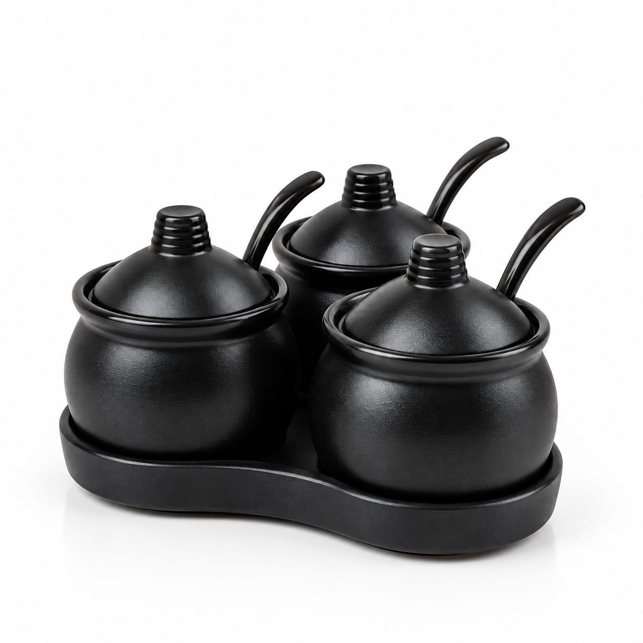 Ceramic condiment jar set black 3 piece with lids and base