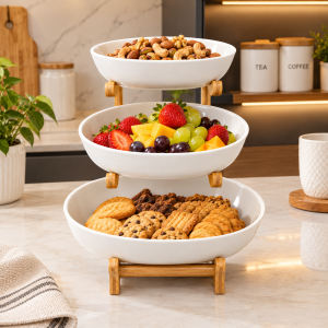White ceramic serving stand with 3-tier bamboo frame