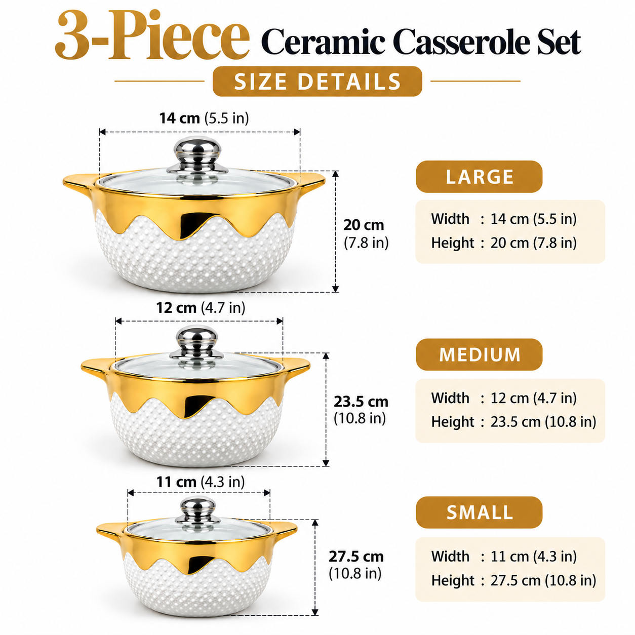 3-Piece Ceramic Casserole Set with Gold Trim & Glass Lids - Image 4