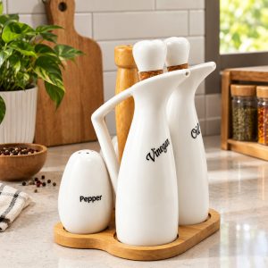 Ceramic Oil and Vinegar Dispenser Set with Bamboo Stand