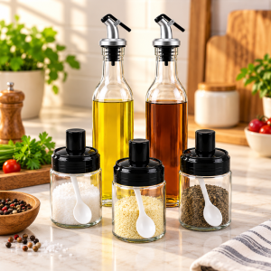 Elegant Glass Condiment Set in a Sunny Kitchen