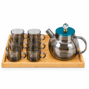 Elegant Glass Tea Set on Bamboo Tray