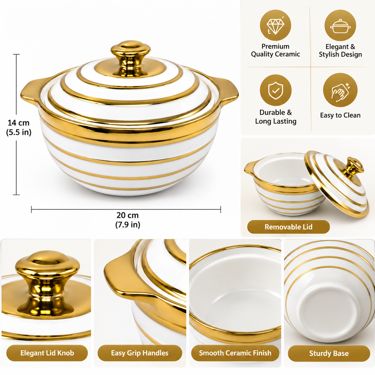 Premium White Ceramic Casserole with Gold Stripes and Lid - Image 3