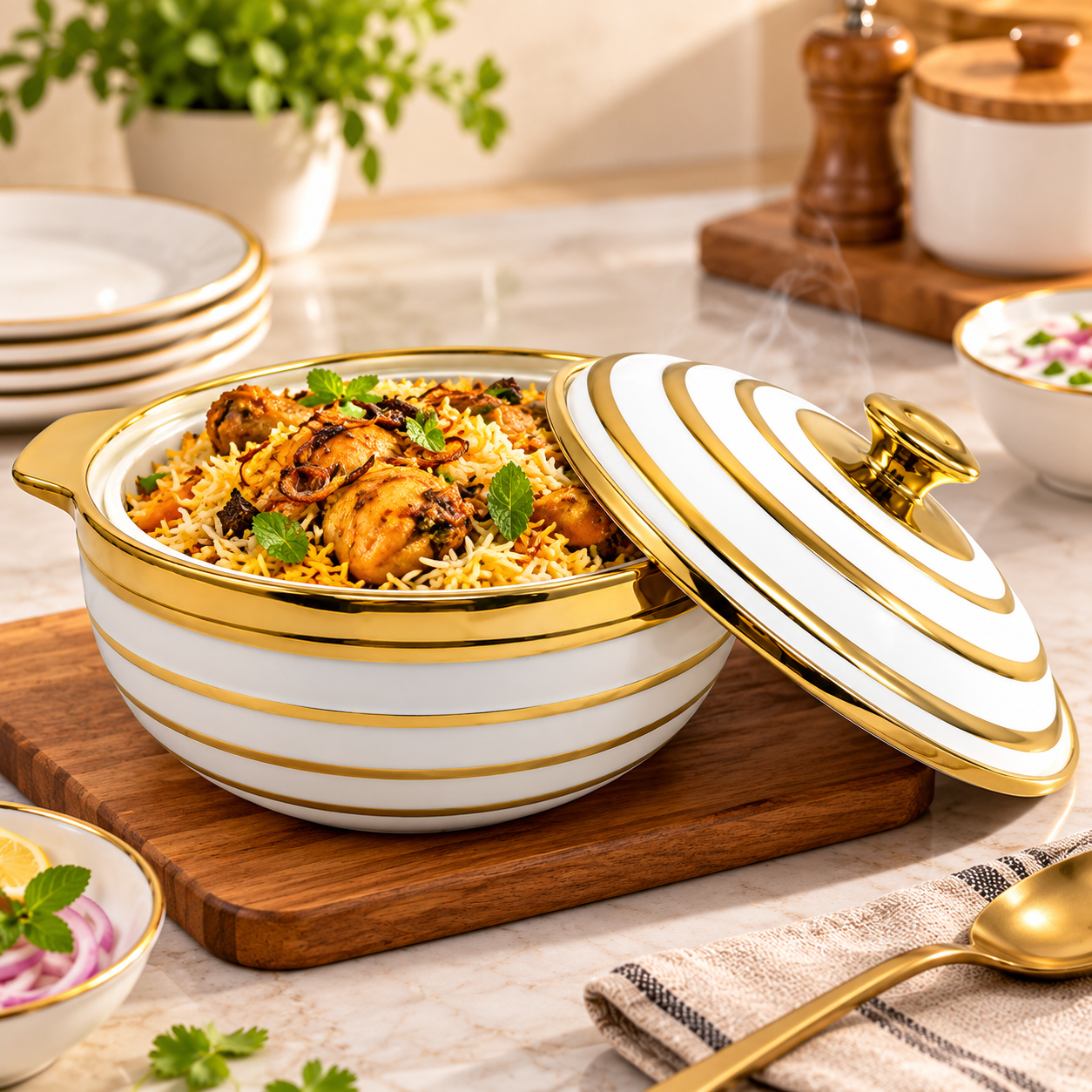 Premium White Ceramic Casserole with Gold Stripes and Lid - Image 2