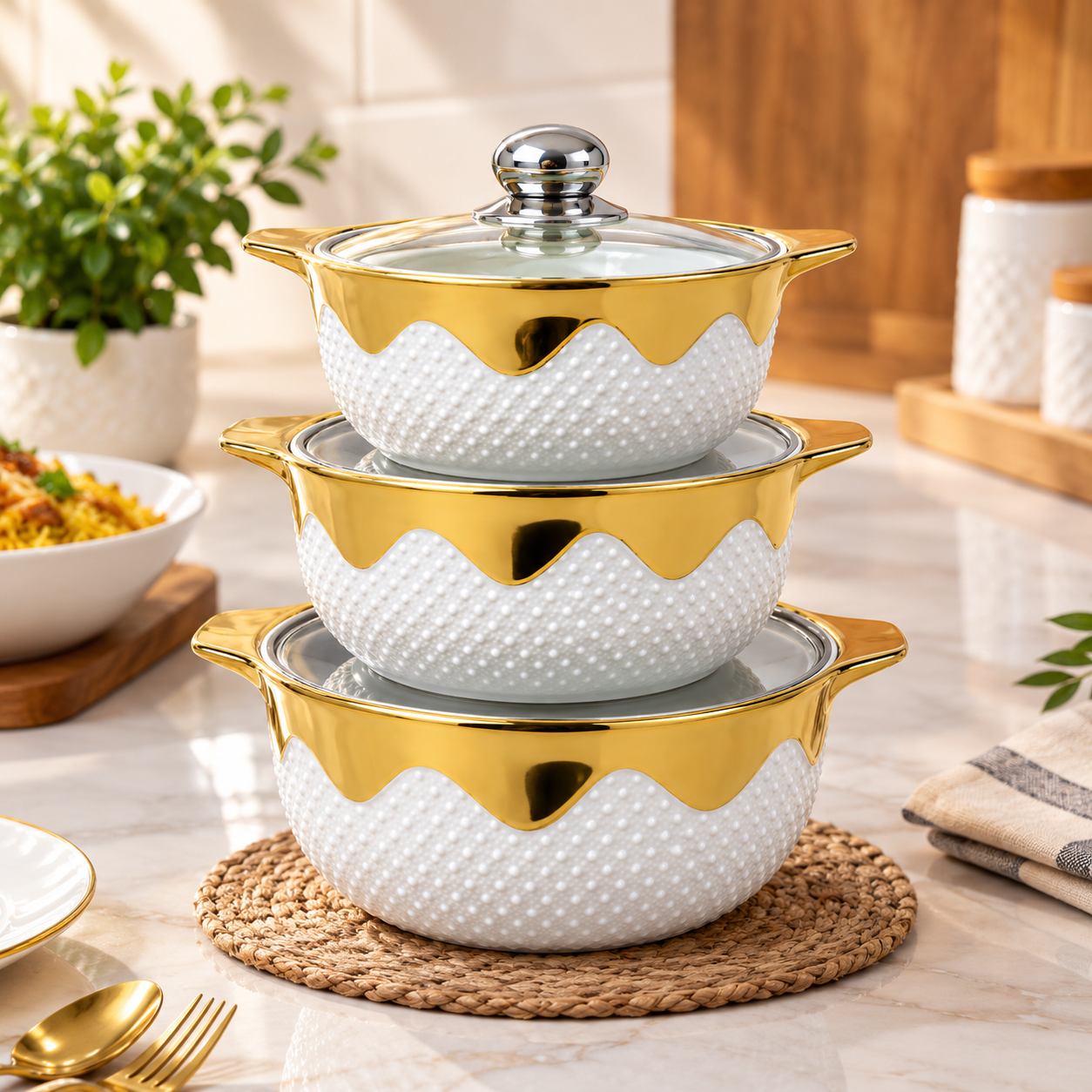 Elegant Gold-Trimmed Casserole Stack