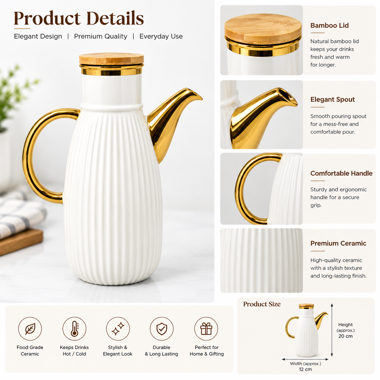 White Ceramic Tea Pot with Wooden Lid - Image 3