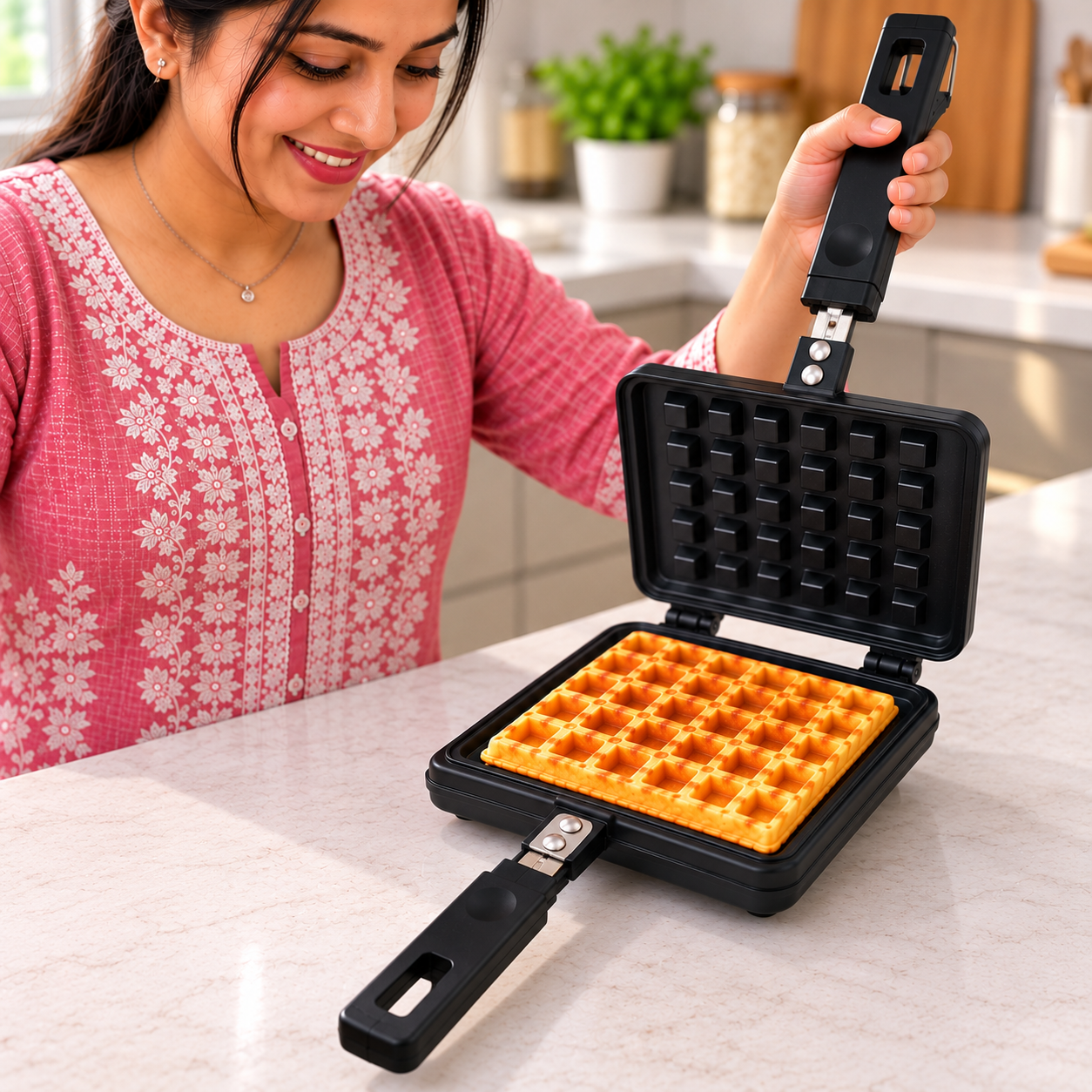Joyful Waffle Maker Kitchen Moment