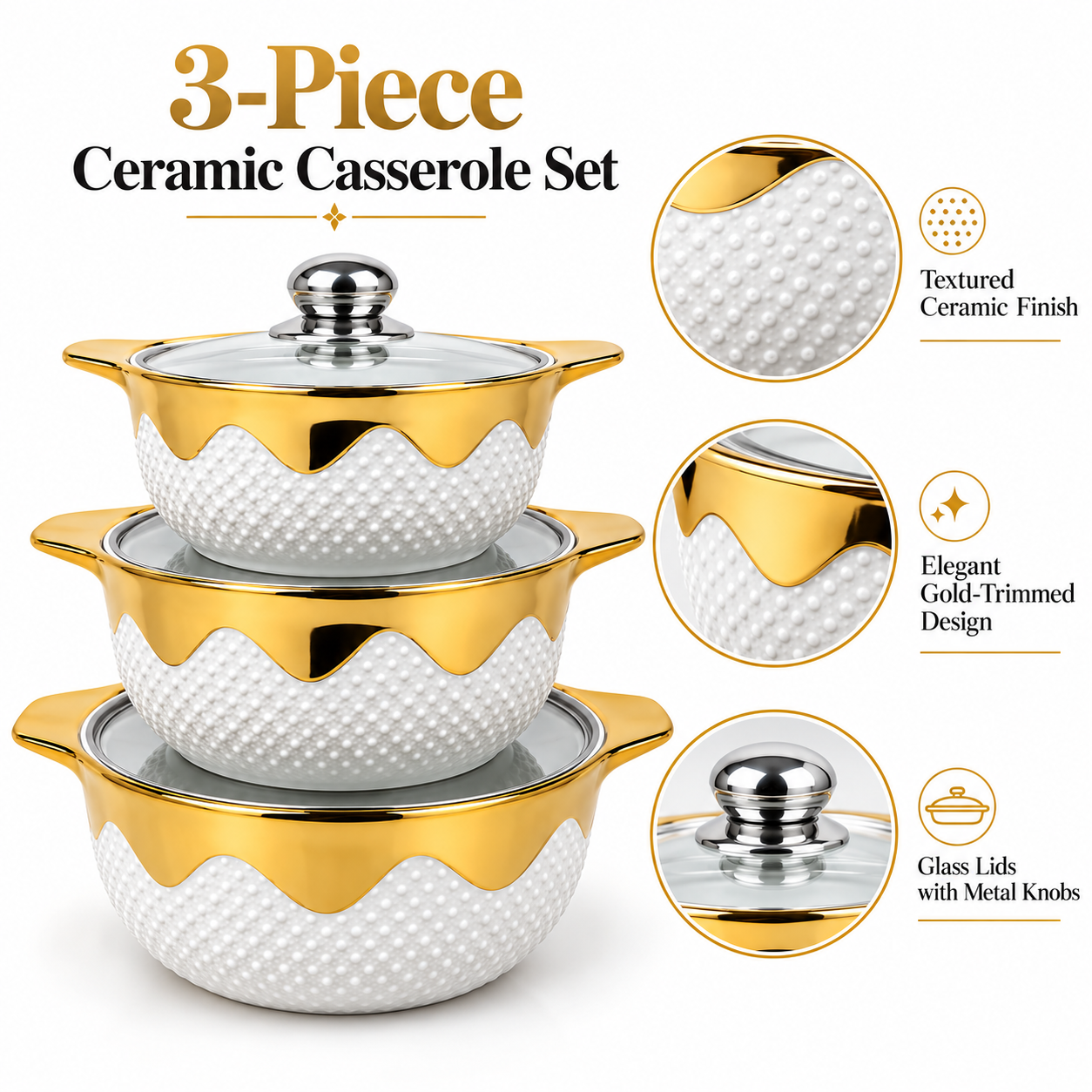 3-Piece Ceramic Casserole Set with Gold Trim & Glass Lids - Image 3