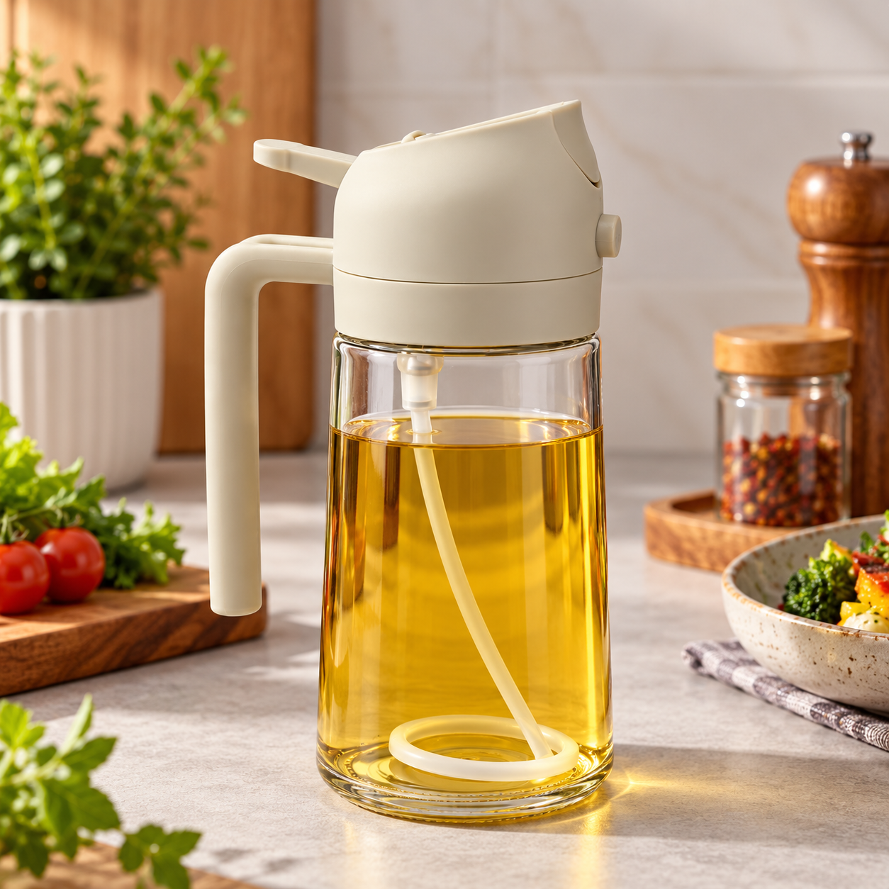 Modern Golden Oil Dispenser in Cozy Kitchen