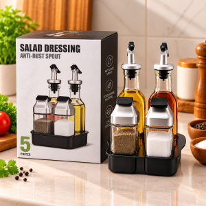 Glass Oil Dispenser 4-Piece Set with Black Stand