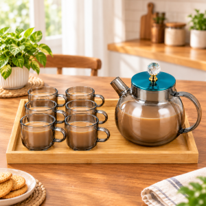 Elegant Glass Tea Set on Bamboo Tray