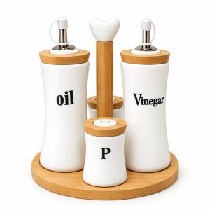 Ceramic Oil Vinegar Set with Bamboo Tray