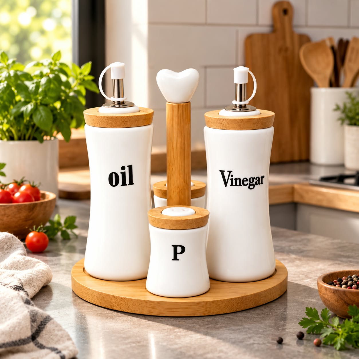 Ceramic Oil Vinegar Set with Bamboo Tray