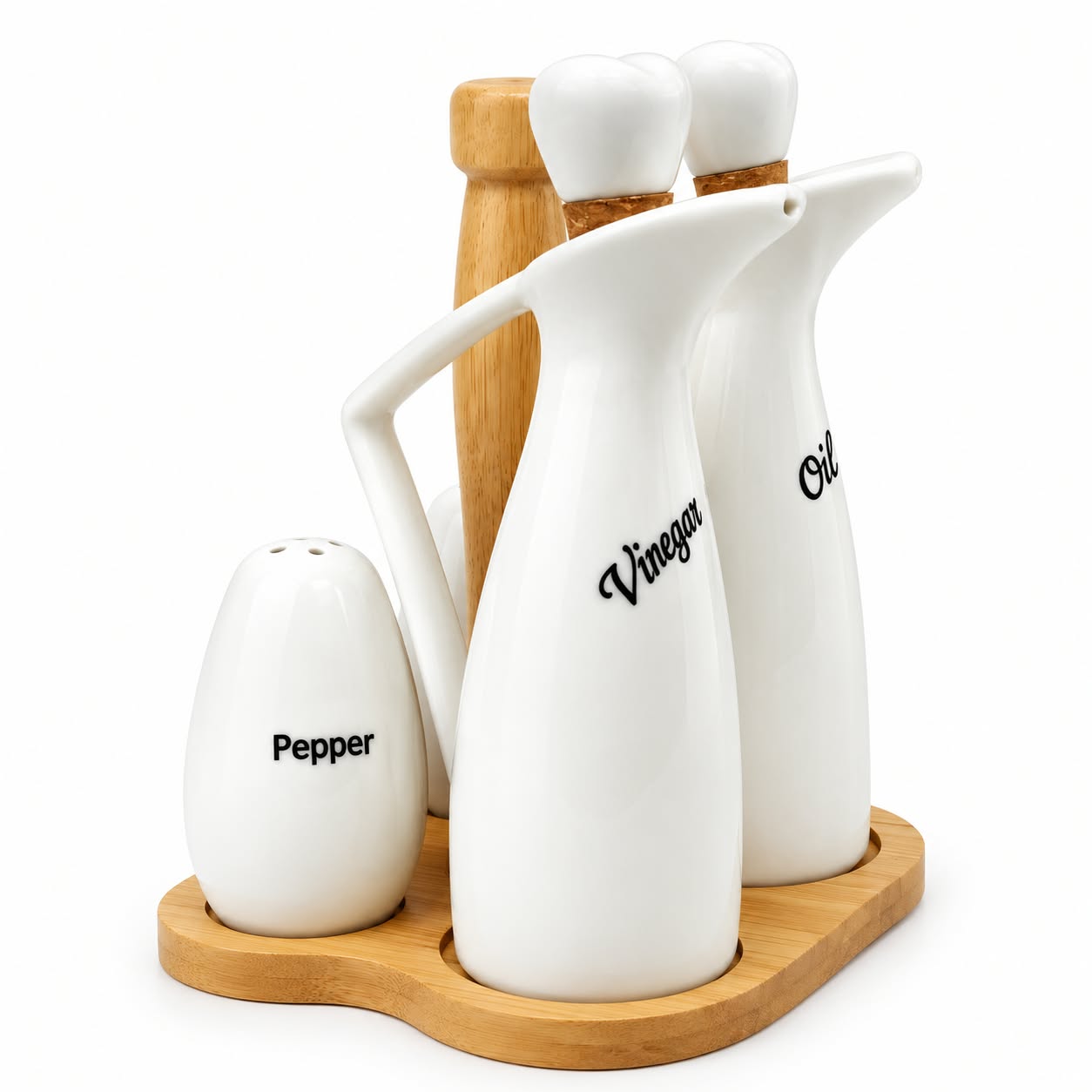 Ceramic Oil and Vinegar Dispenser Set with Bamboo Stand