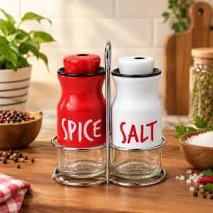 Ceramic Salt and Spice Shaker Set with metal stand
