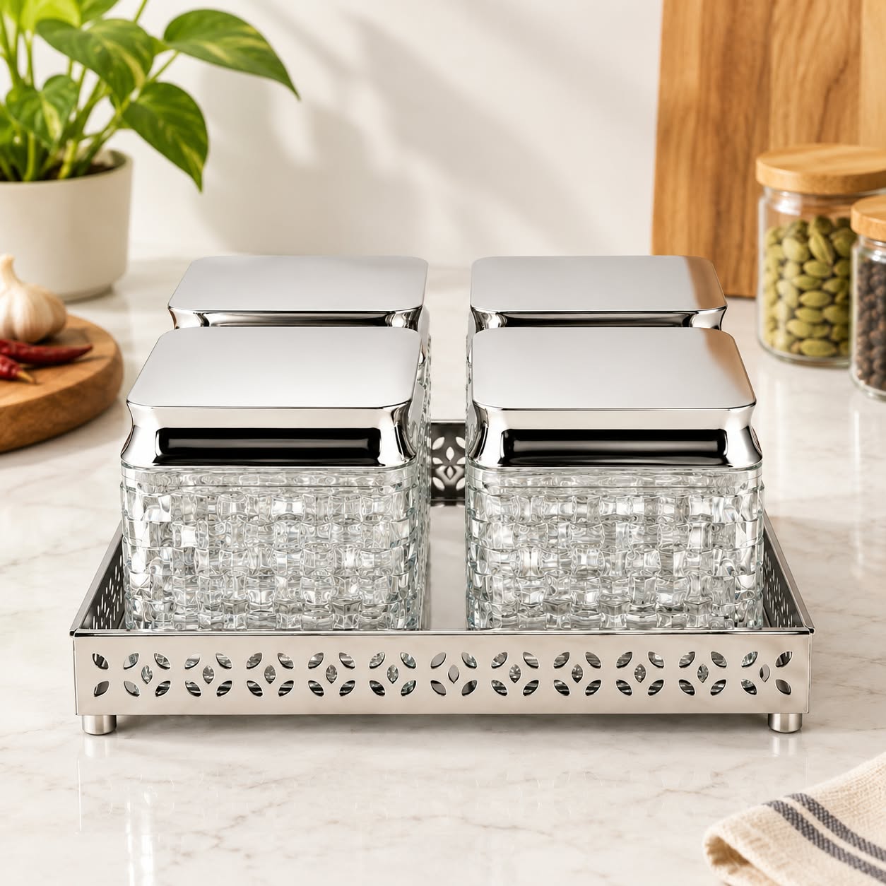 Square Glass Storage Jar Set with Silver Lids and Tray