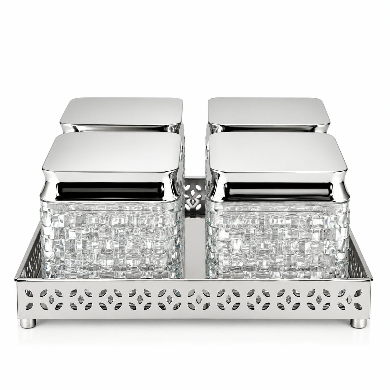 Square Glass Storage Jar Set with Silver Lids and Tray