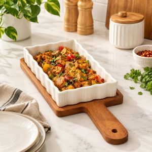 White ceramic baking dish with wooden serving tray