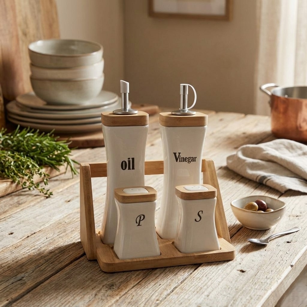 Ceramic Oil and Vinegar Set with Salt and Pepper Shakers